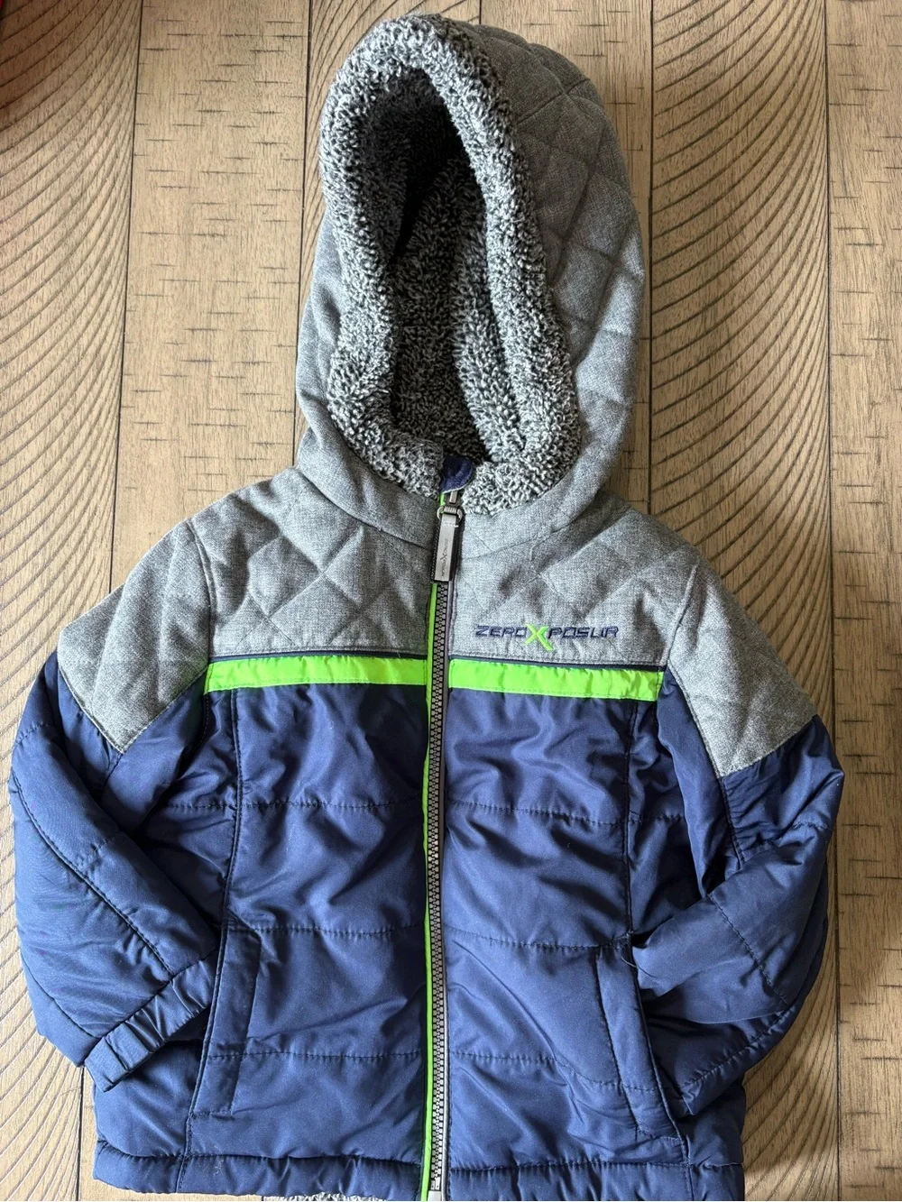 ZeroXposur Navy, Gray & Lime Green Quilted Hooded Puffer Jacket - Kids